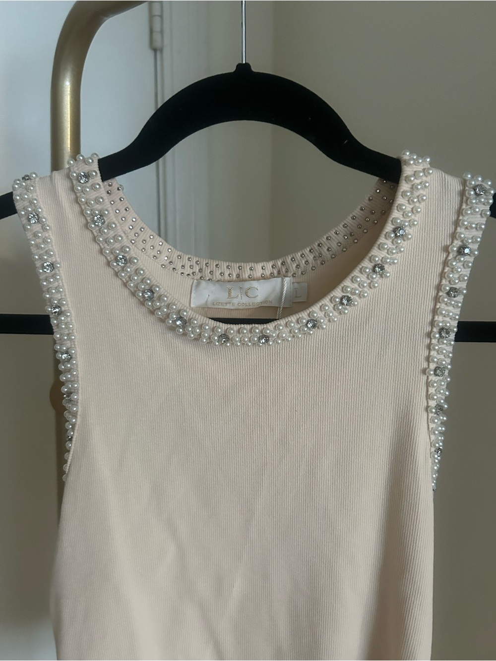LC Lizette Collection Pearl & Rhinestone Embellished Ribbed Tank Top NWT - Picture 2 of 5